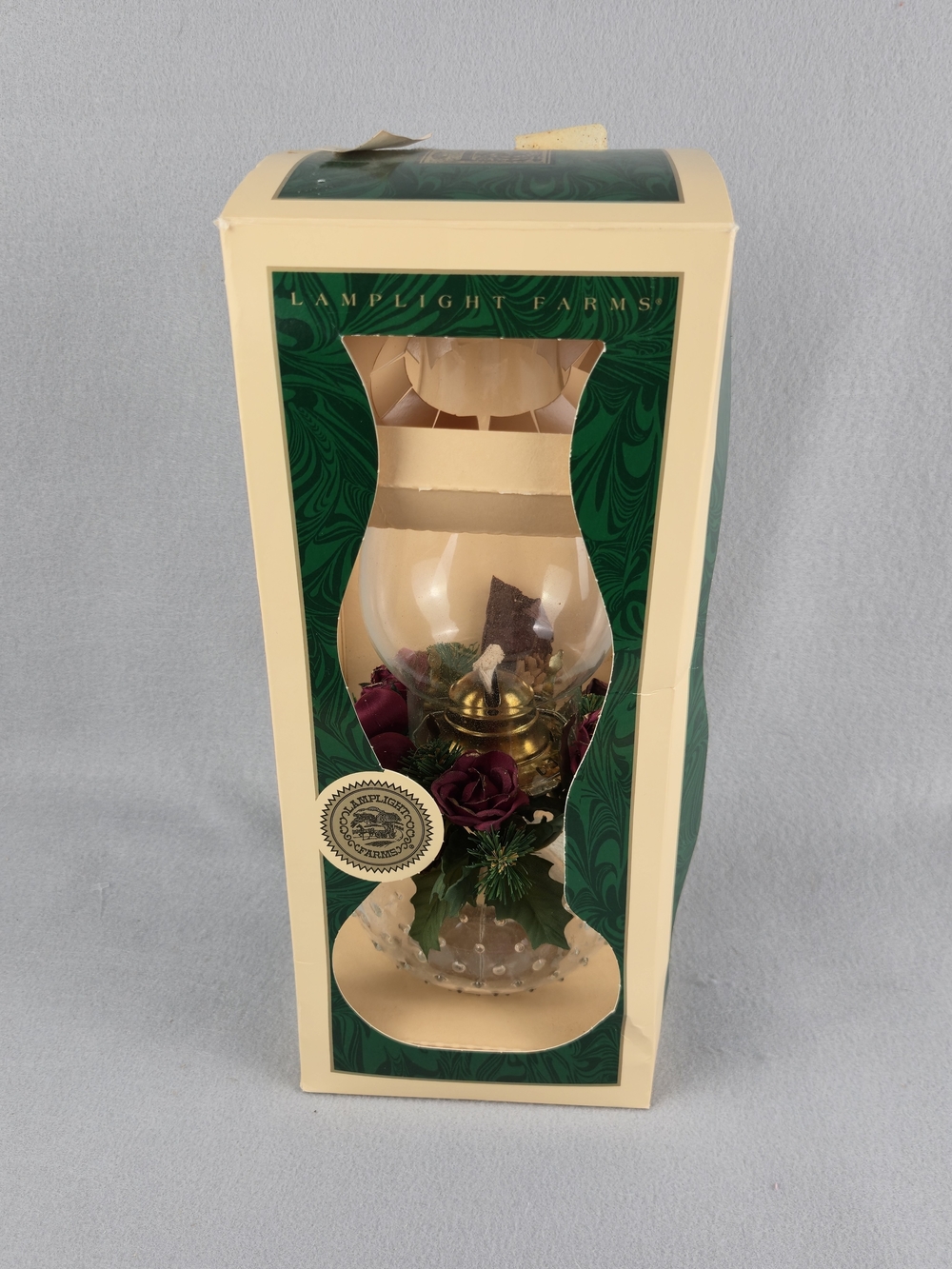 Vintage Lamplight Farms Glass Oil Lamp Hobnail Base Floral Ring NIB